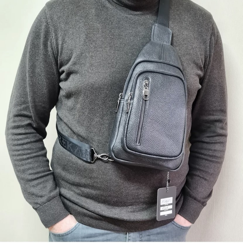 Брендовая мужская нагрудная сумка рюкзак слинг из натуральной кожи молодежная кожаная черная сумочка на плечо Киев - изображение 8