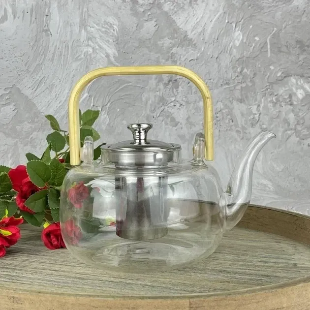 Скляний Чайник-Заварник 800 мл з нержавіючим фільтром, термостійкий, з дерев'яною ручкою для плити Одеса - фото 1