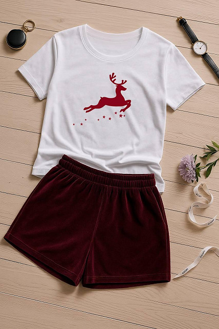 Жіночий домашній костюм-двійка з новорічним принтом турецький кулір бавовна + преміальний велюр Бордовий, 50/52 Одеса - фото 1