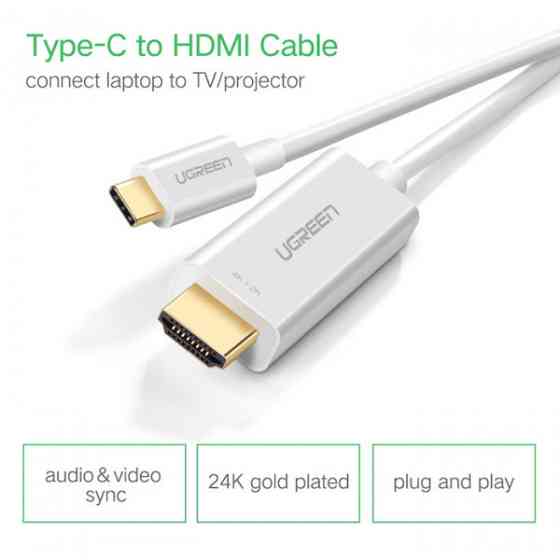 Кабель-Перехідник USB Type C to HDMI Cable Male to Male ABS Case 1.5m UGREEN MM121 Білий (30841) Киев