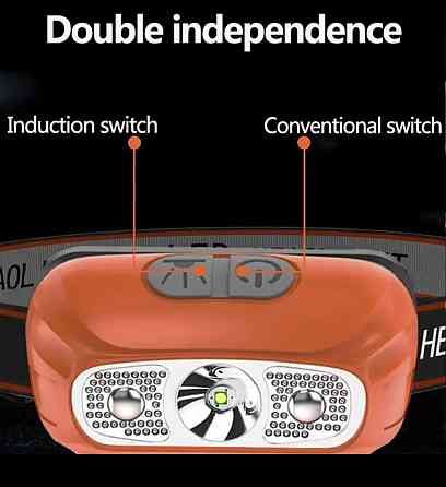 Налобный фонарик на аккумуляторе с зарядкой USB, оранжевый, фонарь для рыбалки,фонарик на голову, 4 режима Киев