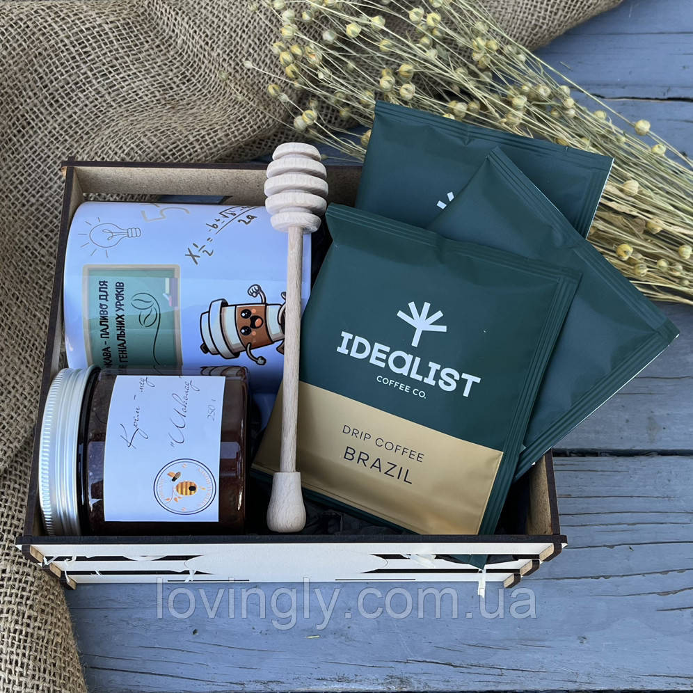 Подарок учителю в деревянном боксе: кружка, кофе и крем-мёд Ирпень - изображение 3