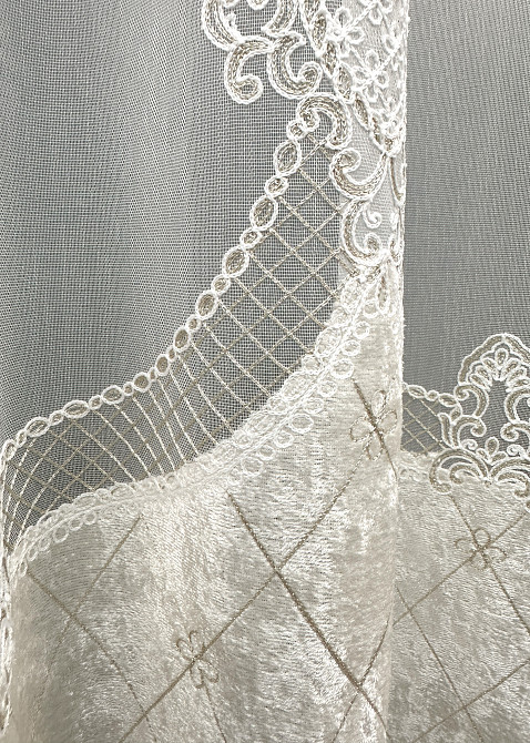 Тюль VR-Textil 1815т Бамбук с вышивкой и бархатом Молочный  300х270 см (40-111) Киев - изображение 6