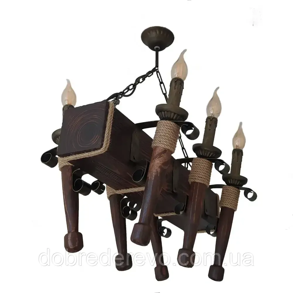 Люстра деревянная балка на цепи на 6 факелов беседку, сауну, дом - ковка под старину. Вижница - изображение 1