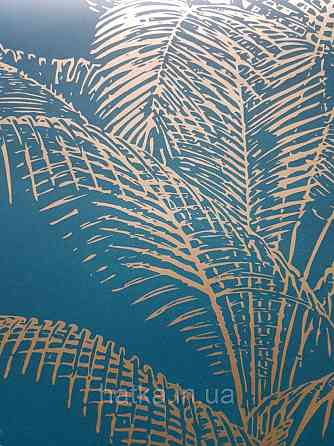 Шпалери вінілові на флізеліні Rasch Clasik 0,53х10 листя пальми яскраві золотисті на бірюзовому Київ