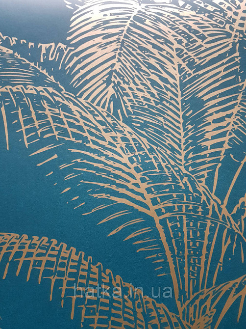 Шпалери вінілові на флізеліні Rasch Clasik 0,53х10 листя пальми яскраві золотисті на бірюзовому Київ - фото 1