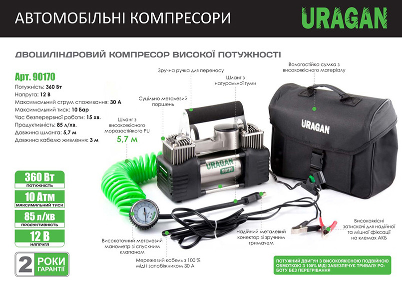 Компресор автомобільний Uragan 10Атм 85л/хв 360Вт двоциліндровий із зажимами АКБ Львів - фото 3