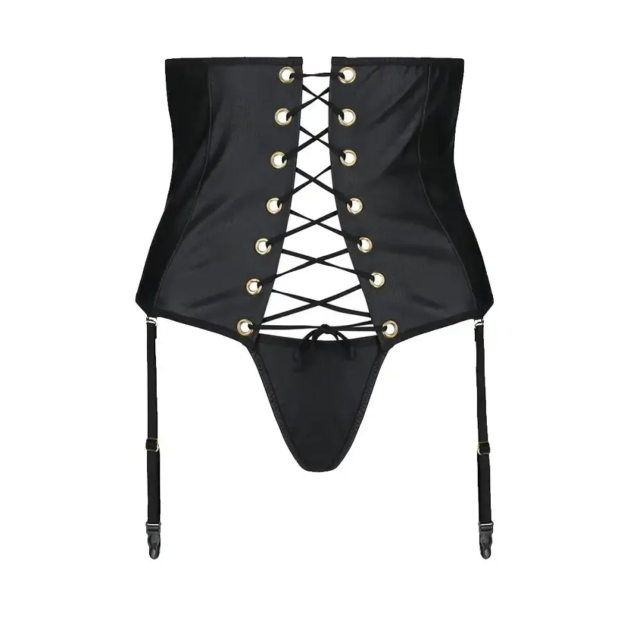 Пояс-корсет з екошкіри Passion CELINE SET with Open Bra 6XL/7XL, black, шнурівка, пажі, стрінги Львов - изображение 3