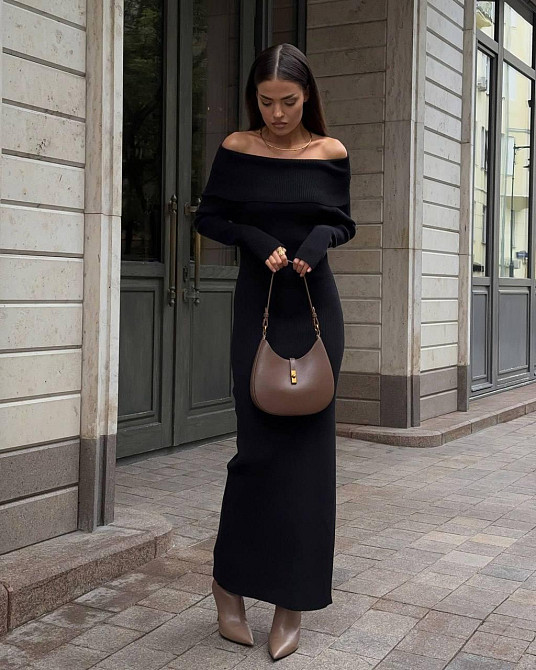 Женское элегантное платье с открытыми плечами турецкая ангора рубчик Черный, 46/48 Одесса - изображение 1