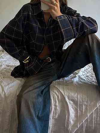 Жіноча трендова сорочка оверсайз у клітинку фланель Джинс Одеса