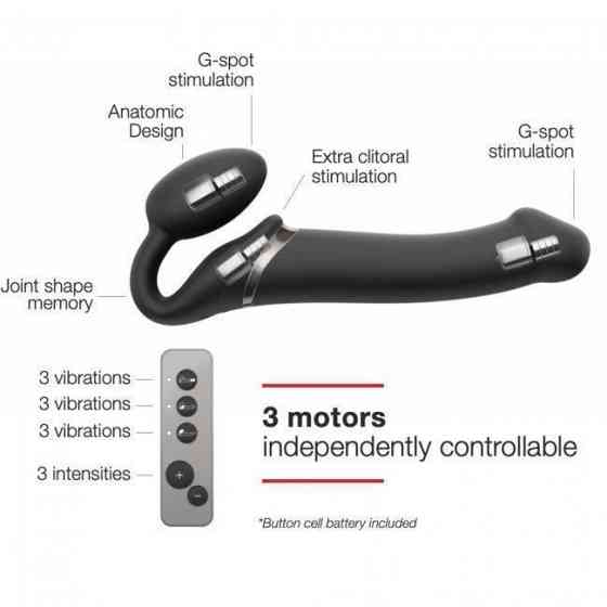 Безремневой страпон с вибрацией Strap-On-Me Vibrating Black L, диаметр 3,7см, пульт ДУ, регулируемый Sex Aura Киев