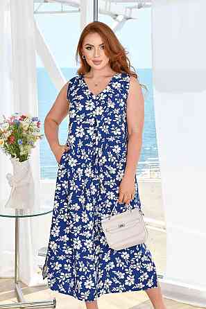 Женское легкое принтованное платье батал жатый лен Синий, 52/54 Одесса