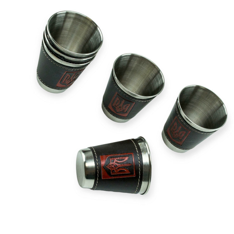 Стакан автомобільний нержавіюча сталь 70 мл у шкіряному футлярі (6шт) з гербом Мукачево - фото 1