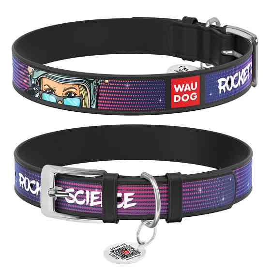 Нашийник для собак шкіряний WAUDOG Design з QR-паспортом, малюнок "Космос. Ракетобудування", S, Ш 15 мм, Д 27-36 Вінниця