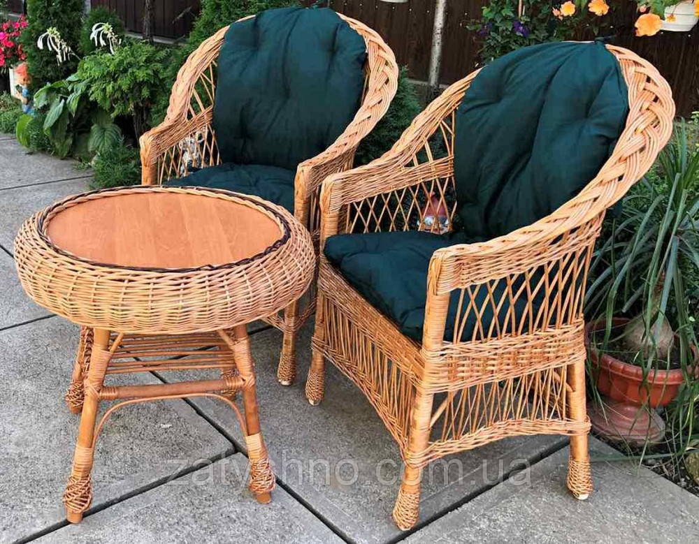Меблі плетені з зеленими накидками | Меблі з лози | меблі плетені з круглим столом Київ - фото 3