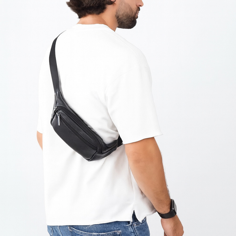 Сумка бананка мужская кожаная, Повседневная мужская сумка на грудь поясная бананка черная IX-18 Львов - изображение 1