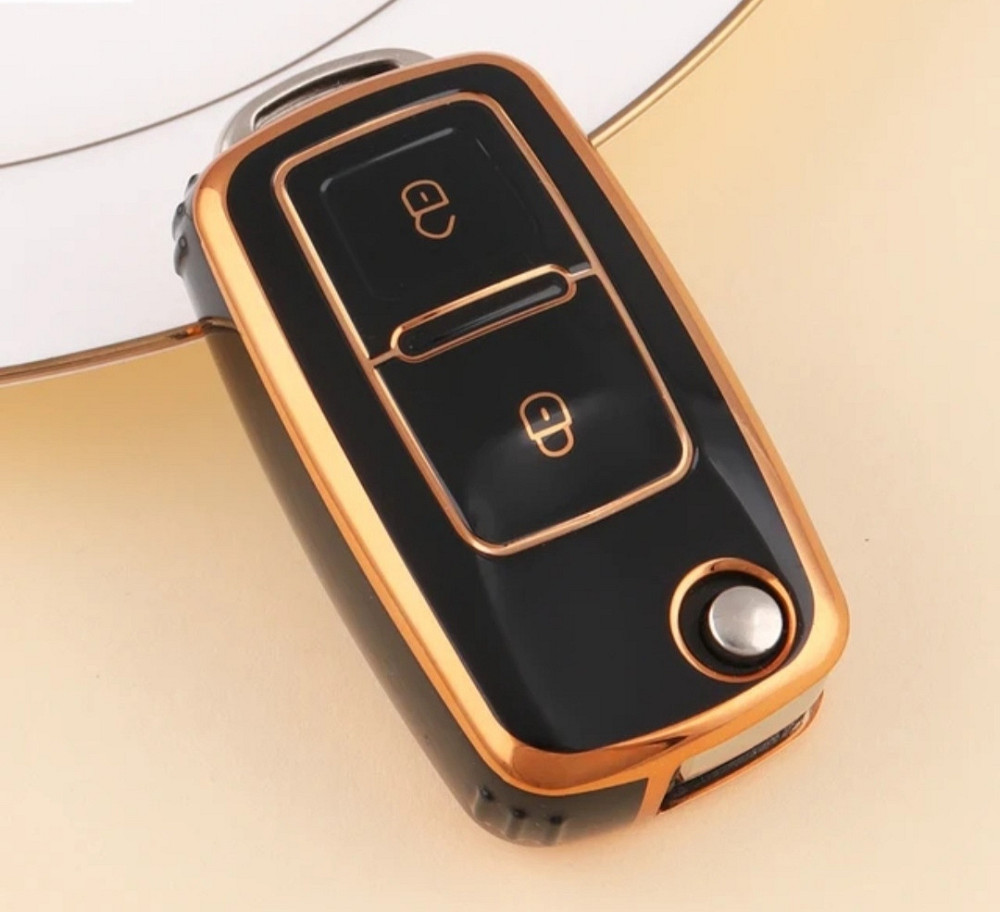 Захисний чохол для автомобільного ключа Volkswagen на 2 і 3 кнопки Чорний із золотом на 2 кнопки Смела - изображение 1