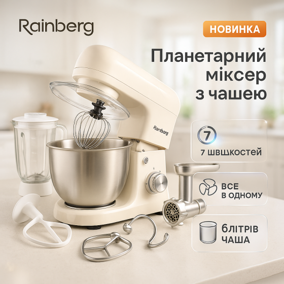 Універсальний кухонний комбайн Rainberg RB-8088 6л з м'ясорубкою, блендером 3600Вт White GF-62 Львів