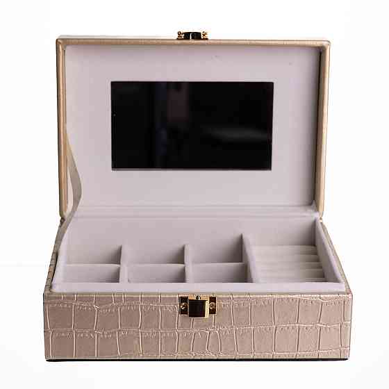 Скринька для прикрас з еко шкіри 10 відділень з дзеркалом 20×14×8 см Золотистий HP-5-19GOLD Коломыя