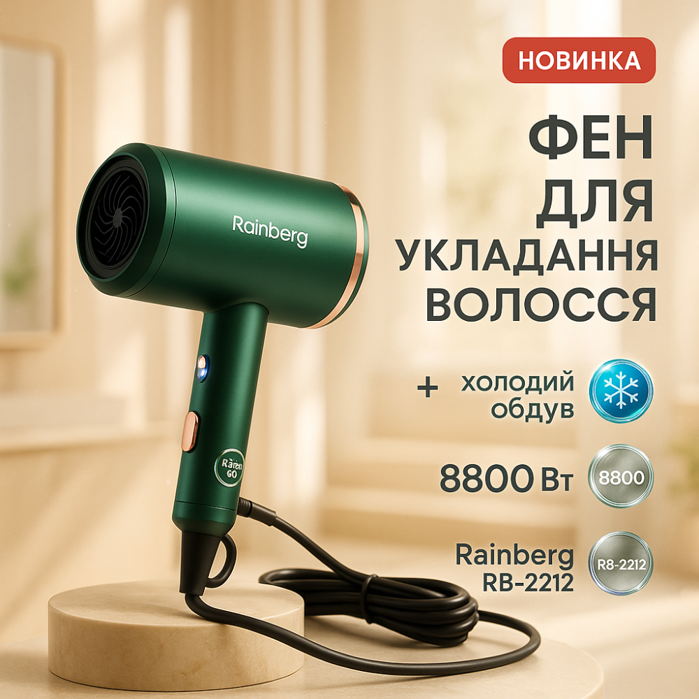 Фен без шкоди для волосся Rainberg, Малошумний фен для укладання волосся укладання зачіски WE-71 Львів - фото 16