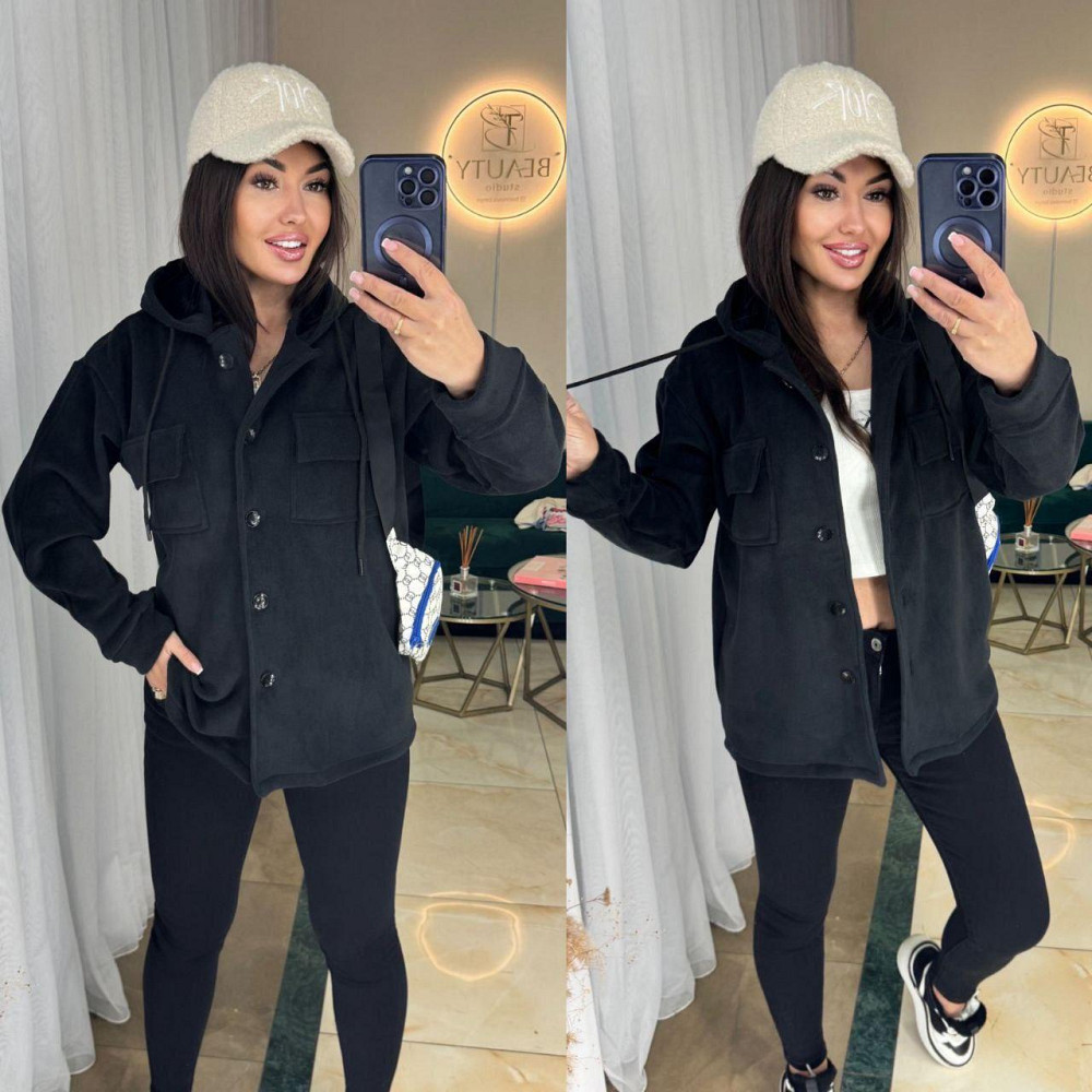 Жіноча тепла сорочка на ґудзиках з капюшоном та двома накладними кишенями турецький щільний фліс Одеса - фото 2