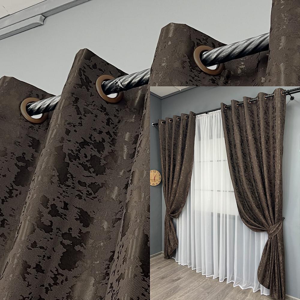 Комплект штор на люверсах VR-Textil Льон мармур Pavliani ХО № 1910ш Венге 150х250 см 2 шт (37-0321) Київ - фото 1