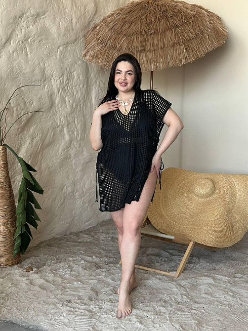 Пляжная туника женская большого размера накидка на купальник PLUS SIZE ажурная короткая свободного кроя черная Одесса - изображение 7