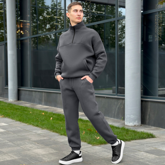 Спортивний костюм оверсайз чоловічий Pobedov Grand теплий зимовий кофта та штани на манжетах темно-сірий L Одеса
