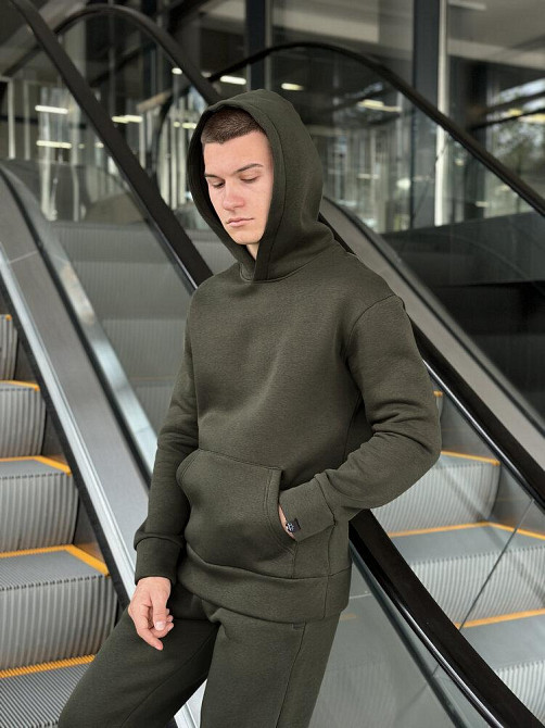 Тепле чоловіче худі на флісі з капюшоном хакі Pobedov 008 ЗИМА Київ - фото 3