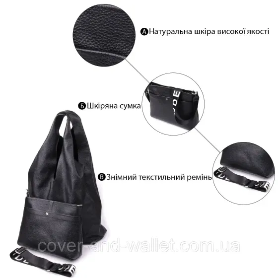 Женская сумка шоппер 2 в 1 из натуральной кожи черного цвета Grande Pelle 748710 Киев