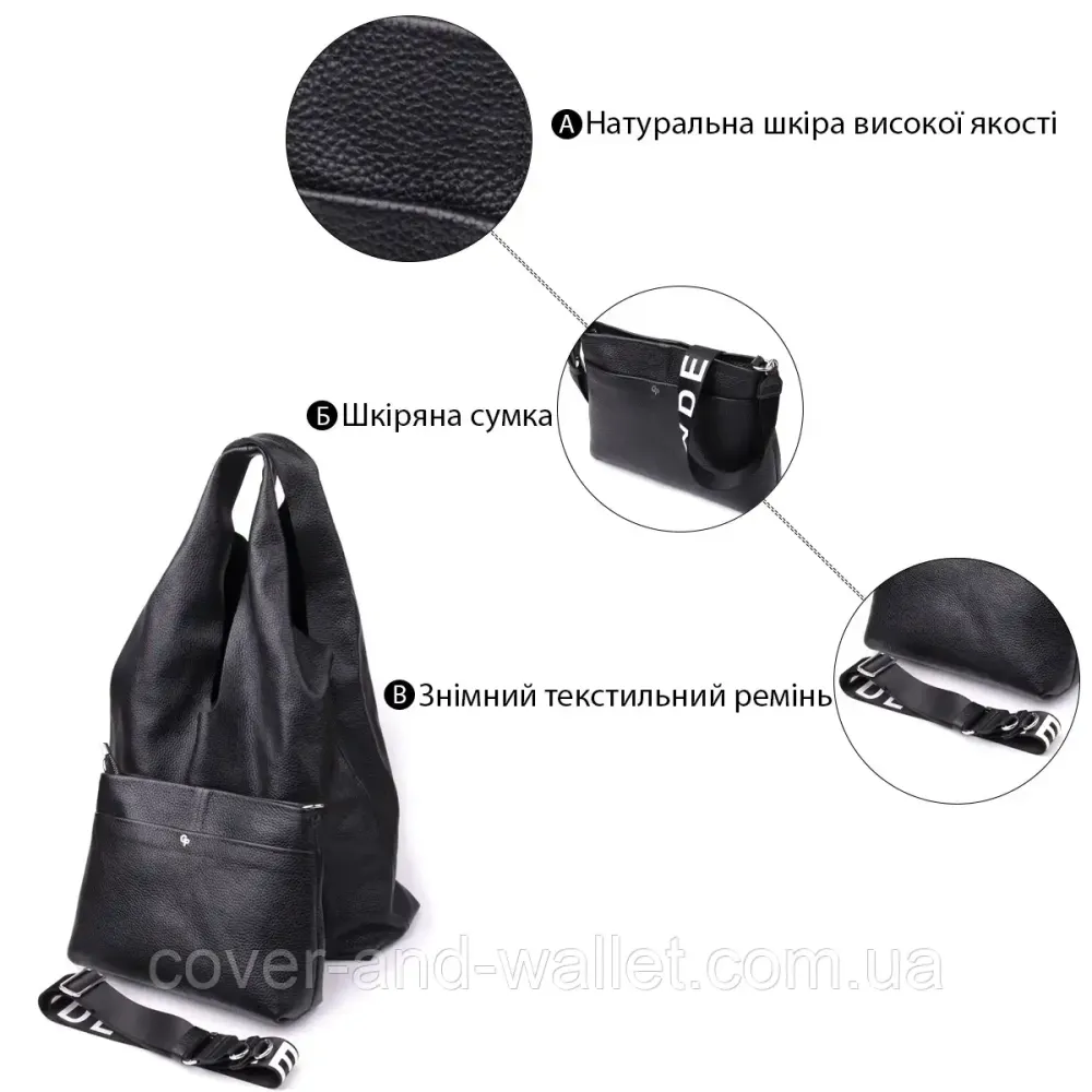 Женская сумка шоппер 2 в 1 из натуральной кожи черного цвета Grande Pelle 748710 Киев - изображение 3