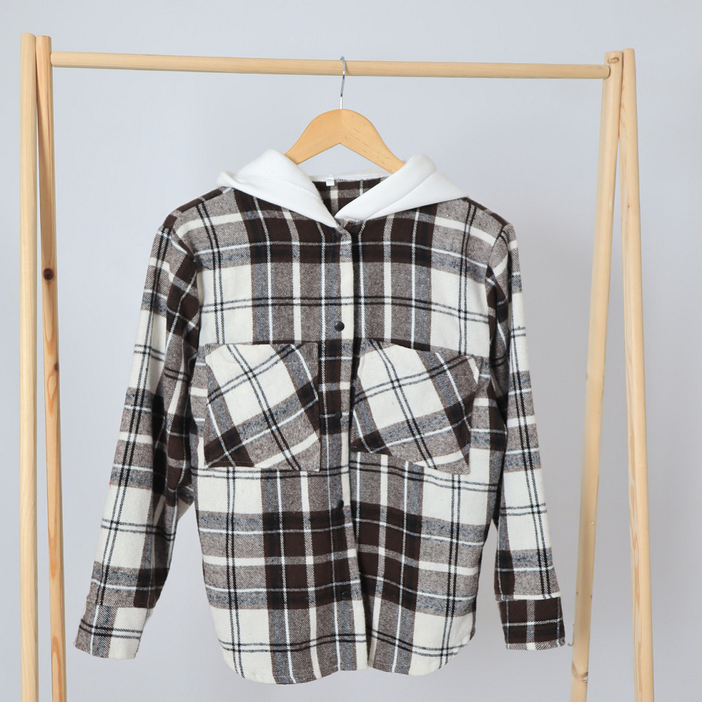 Детская теплая кашемировая рубашка в коричневую клетку с капюшоном, для мальчика, для девочки 122 Каменец-Подольский - изображение 2