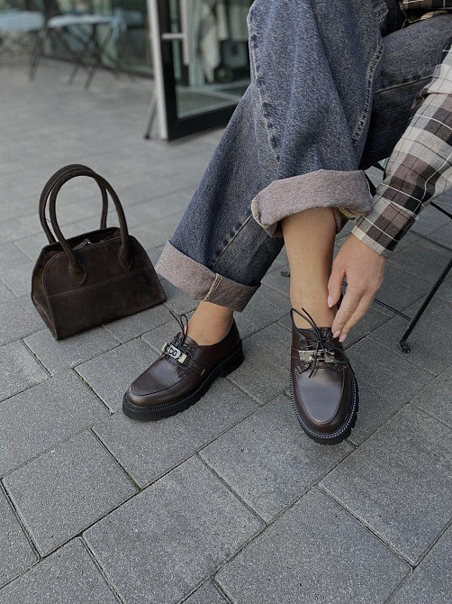 Nikos Туфлі жіночі на низькому ходу класичні з натуральної шкіри на шнурках 2129 шоколадні весн Коломия - фото 6