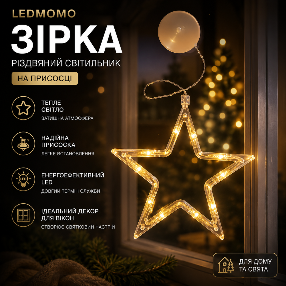 Уцінка: Різдвяний світильник LEDMOMO «Зірка» на присосці — Тепле світло, декор для вікна Київ - фото 7