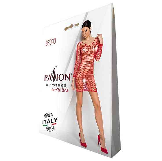 Бодістокінг-сукня з глибоким коміром Passion BS093 red, довгі рукави Sex Aura Київ