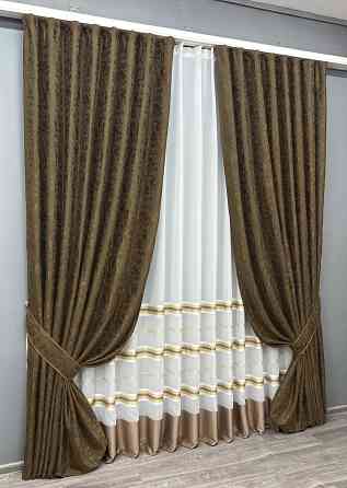 Комплект штор VR-Textil Льон Мармур 150х270 2шт і Тюль 400х270 1261ш-1579т Коричневий з молочним 71-161/3 Київ