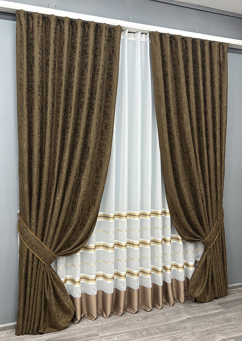 Комплект штор VR-Textil Лен Мрамор 150х270 2шт и Тюль 400х270 1261ш-1579т Коричневый с молочным 71-161/3 Киев - изображение 2
