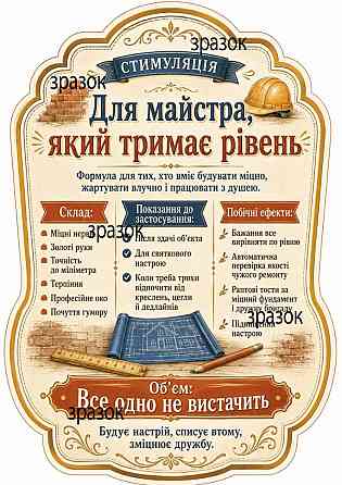 Комплект етикеток на пляшку “З Днем будівельника” — подарункова етикетка будівельнику, майстру, прорабу Одеса