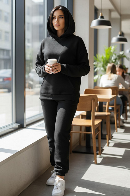 Жіночий спортивний теплий костюм тринитка на флісі XL-2XL Чорний Харків - фото 12