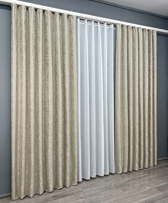 Комплект штор VR-Textil Льон Мармур 200х270 2шт і Тюль 600х270 1272ш-115т Теплий бежевий з білим 71-127/7 Київ - фото 3