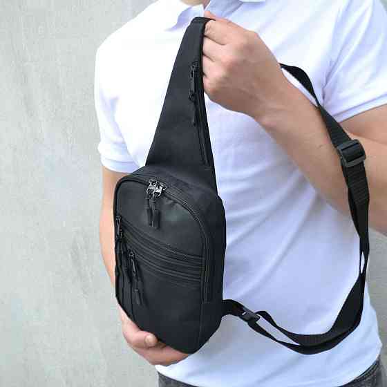 Компактная черная мужская сумка-слинг с отделениями на молнии Кордура стильная сумка-рюкзак на одно плечо Киев