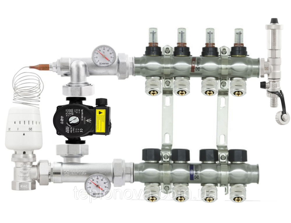 Колектор в зборі на 4 пари виходів нержавійка  "Raftec" для Теплої Підлоги з розходомірами Чернівці - фото 1