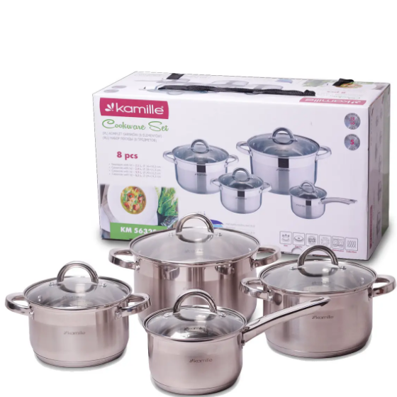Набір каструль 8 предметів (ківш 1,8/каструлі 2,3/3,8/5,8л) нержавіюча сталь 5632S KAMILLE Житомир - фото 1