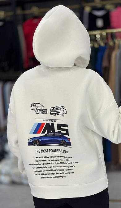 Женское теплое худи свободного кроя с накатом на спине турецкая трехнитка на флисе Белый, 46/48 Одесса - изображение 1