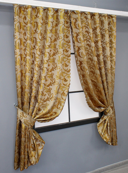Комплект коротких штор VR-Textil Жаккард Завиток с люрексом № 1641ш Бежевый с золотистым 145х170 см 2 шт (35-0264) Киев - изображение 2
