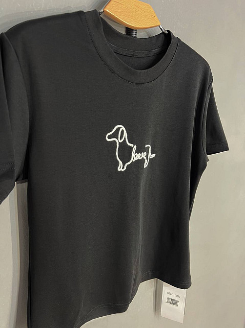 Футболка жіноча A-N 25195 однотонна базова з вишивкою собачки попереду середня довжина  one size, чорний, one size Київ - фото 9