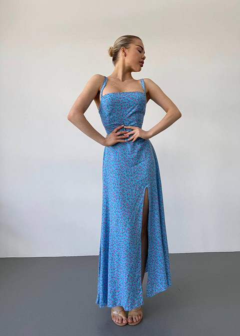 Женское романтичное платье макси на бретелях с разрезом штапель 46/48, Голубой Одесса - изображение 1