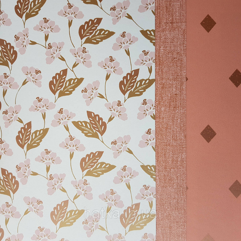 Шпалери вінілові на флізелін Caselio Mystery 0.53х10 м маленькі яскраві квіти листя рожеві золотисті на білому Київ - фото 2