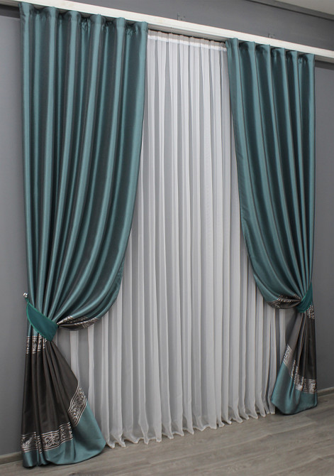 Комплект готовых штор VR-Textil ANZIO № 1465ш Бирюзовый с графитовым 140х290 см 2 шт (33-0332) Киев - изображение 3