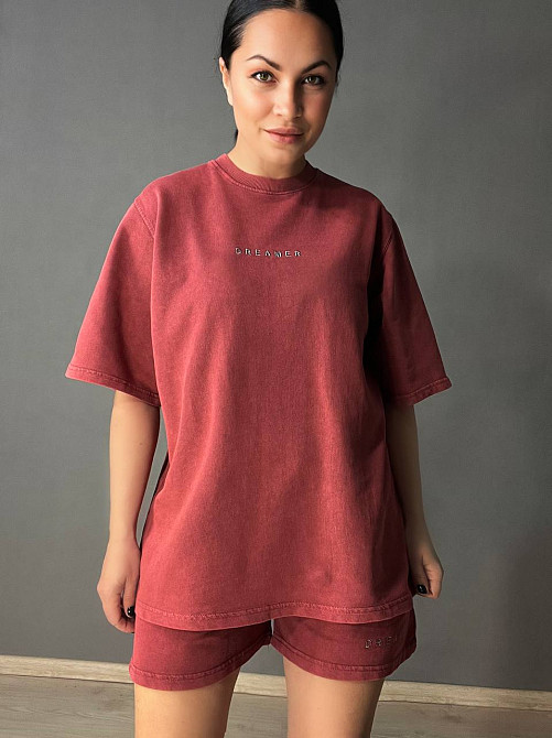 Костюм жіночий Pepper&mint 25-02 варений тай-дай футболка та шорти з вишивкою бордовий, бордовий, S Київ - фото 1